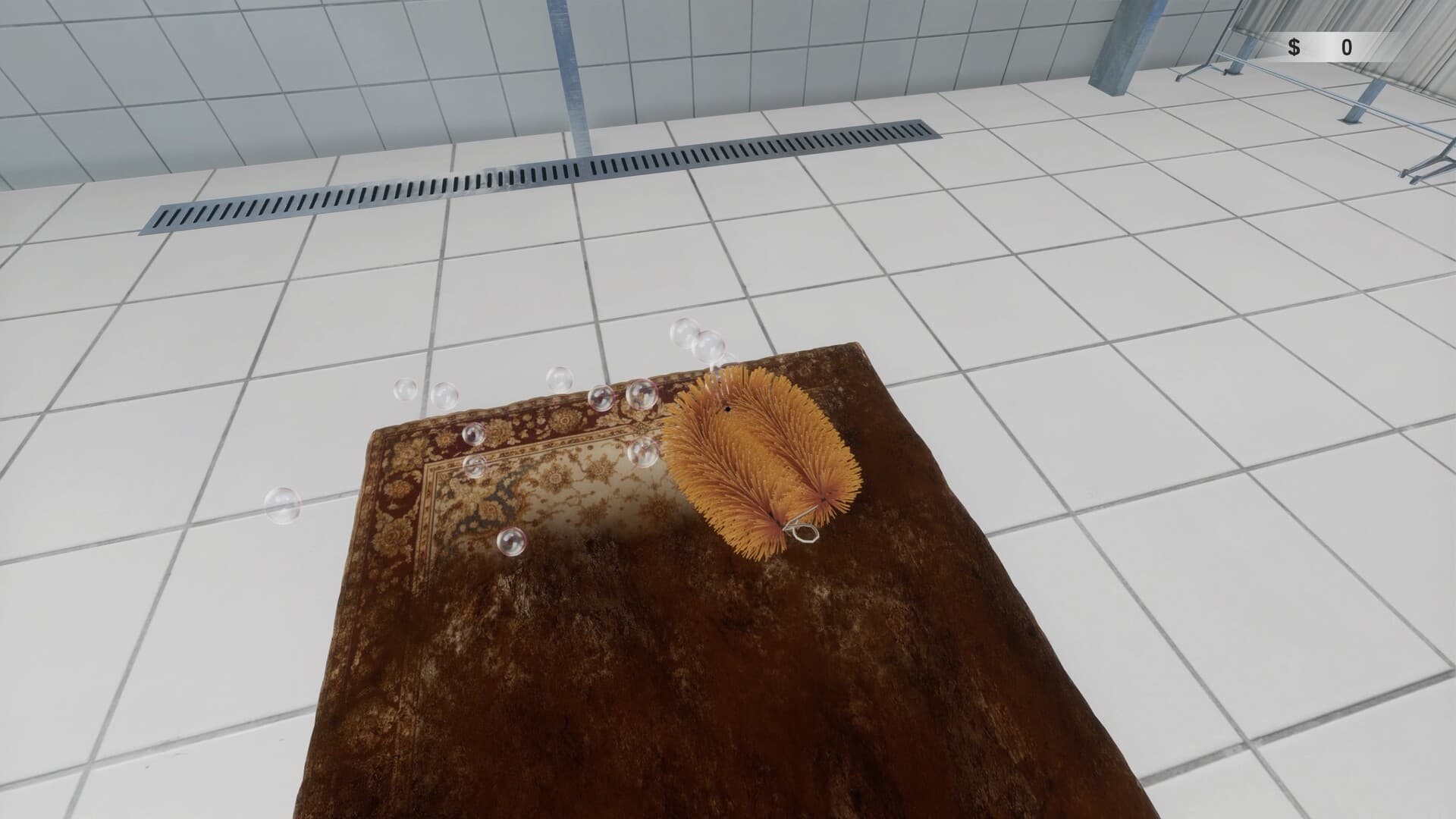 Carpet Cleaning Simulator 官方遊戲截圖：用刷子清洗地毯上的髒污與泡沫